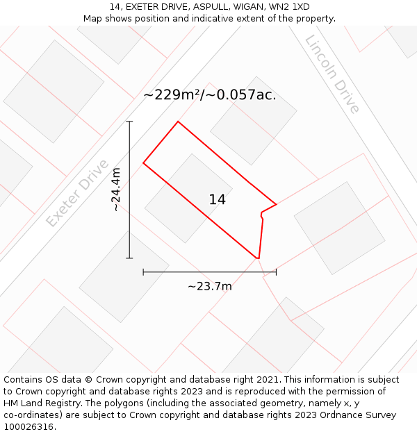 14, EXETER DRIVE, ASPULL, WIGAN, WN2 1XD: Plot and title map