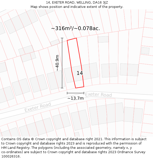 14, EXETER ROAD, WELLING, DA16 3JZ: Plot and title map