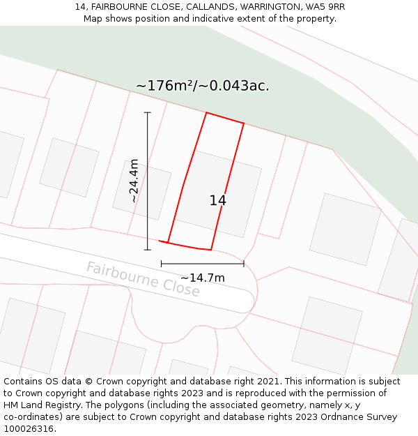 14, FAIRBOURNE CLOSE, CALLANDS, WARRINGTON, WA5 9RR: Plot and title map