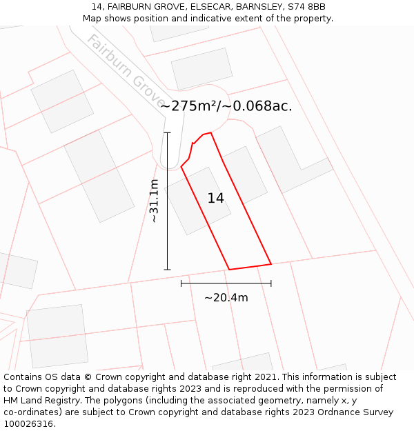 14, FAIRBURN GROVE, ELSECAR, BARNSLEY, S74 8BB: Plot and title map
