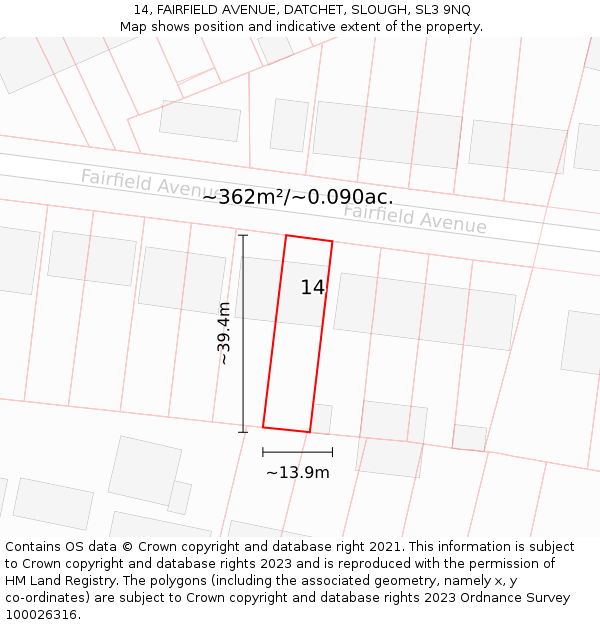 14, FAIRFIELD AVENUE, DATCHET, SLOUGH, SL3 9NQ: Plot and title map