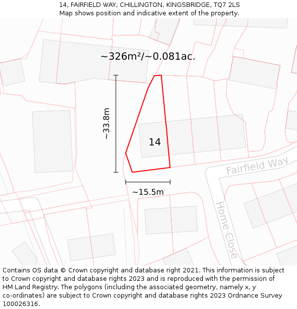 14, FAIRFIELD WAY, CHILLINGTON, KINGSBRIDGE, TQ7 2LS: Plot and title map