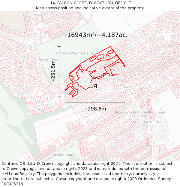 14, FALCON CLOSE, BLACKBURN, BB1 8LE: Plot and title map
