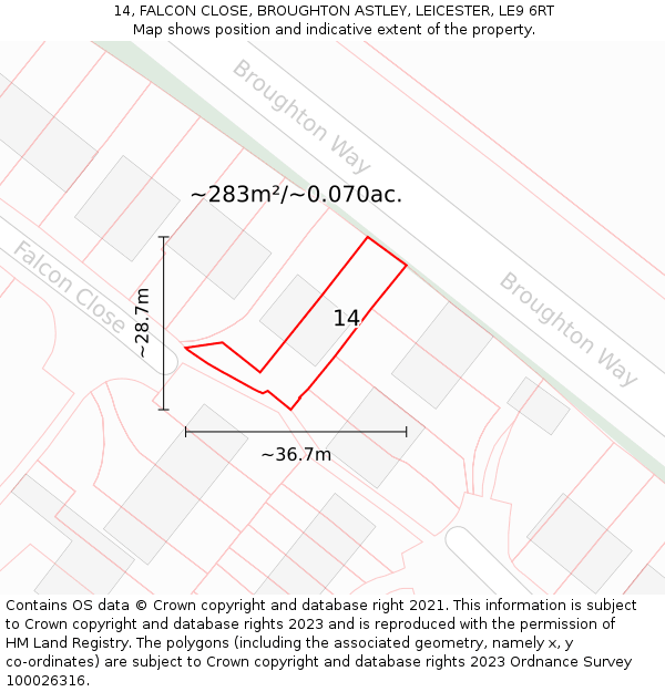 14, FALCON CLOSE, BROUGHTON ASTLEY, LEICESTER, LE9 6RT: Plot and title map