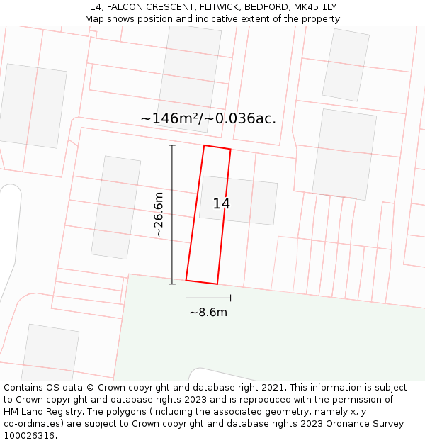 14, FALCON CRESCENT, FLITWICK, BEDFORD, MK45 1LY: Plot and title map