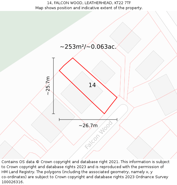 14, FALCON WOOD, LEATHERHEAD, KT22 7TF: Plot and title map