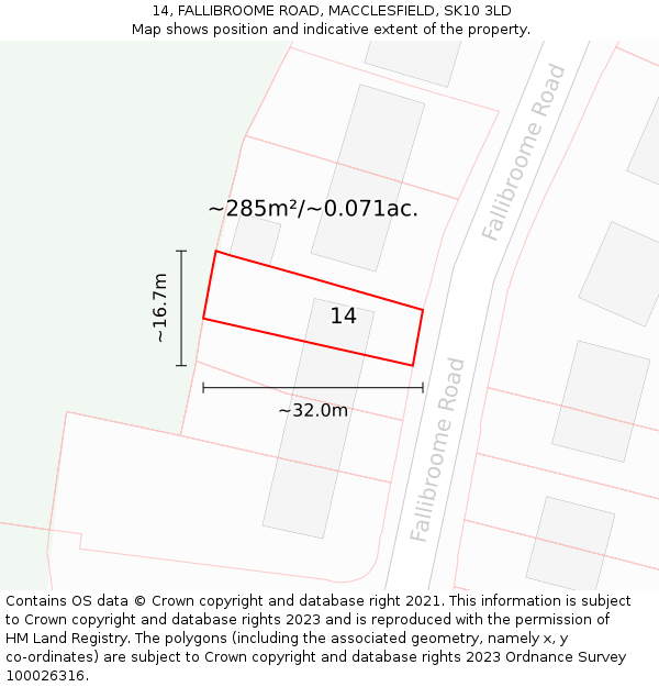 14, FALLIBROOME ROAD, MACCLESFIELD, SK10 3LD: Plot and title map