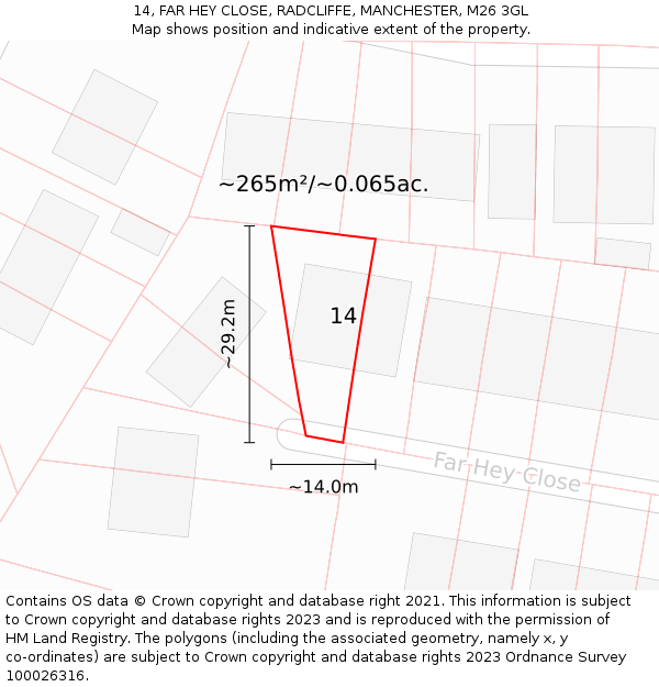 14, FAR HEY CLOSE, RADCLIFFE, MANCHESTER, M26 3GL: Plot and title map