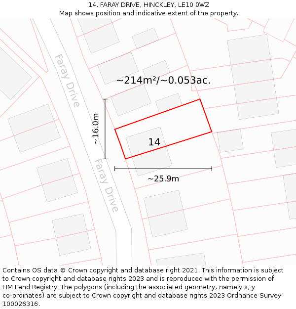 14, FARAY DRIVE, HINCKLEY, LE10 0WZ: Plot and title map