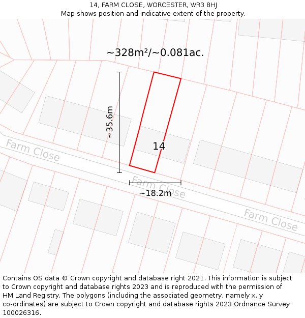 14, FARM CLOSE, WORCESTER, WR3 8HJ: Plot and title map