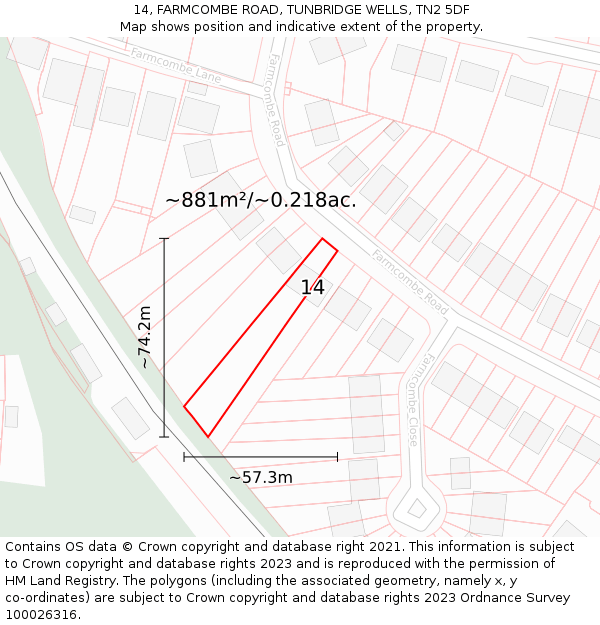 14, FARMCOMBE ROAD, TUNBRIDGE WELLS, TN2 5DF: Plot and title map