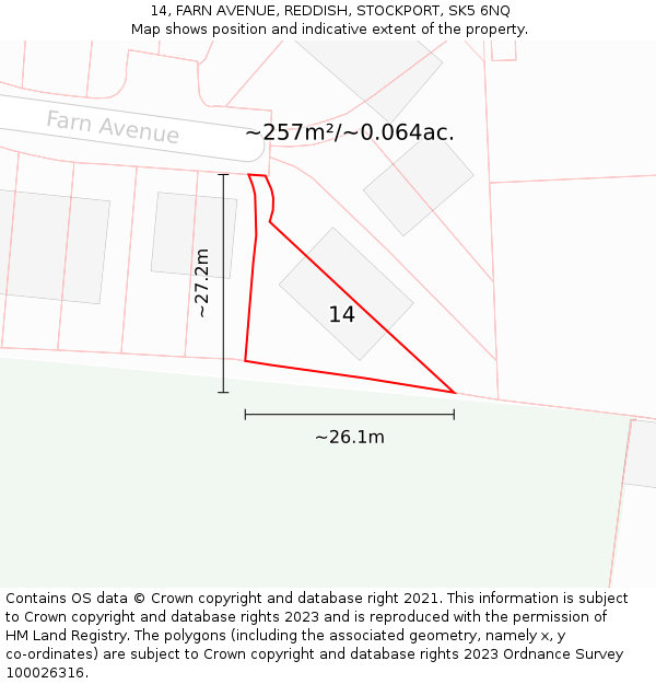 14, FARN AVENUE, REDDISH, STOCKPORT, SK5 6NQ: Plot and title map