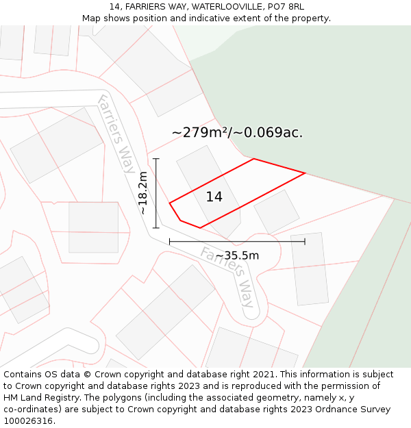 14, FARRIERS WAY, WATERLOOVILLE, PO7 8RL: Plot and title map
