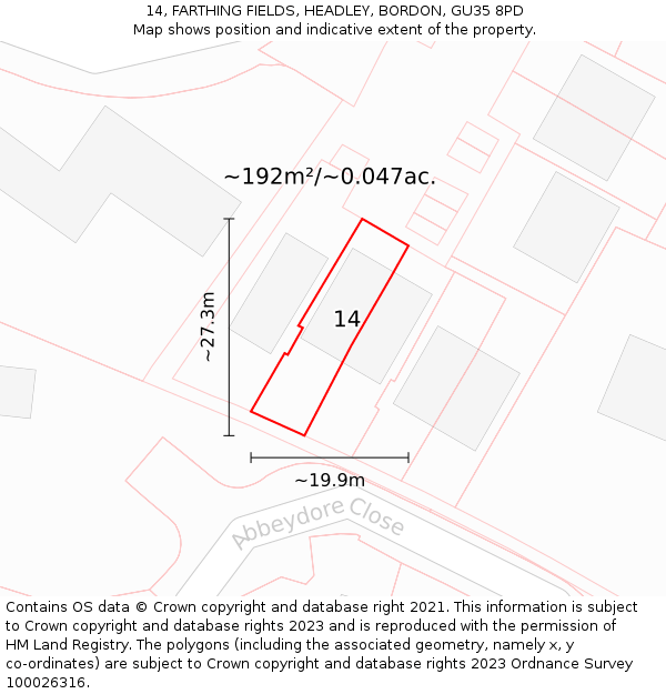 14, FARTHING FIELDS, HEADLEY, BORDON, GU35 8PD: Plot and title map