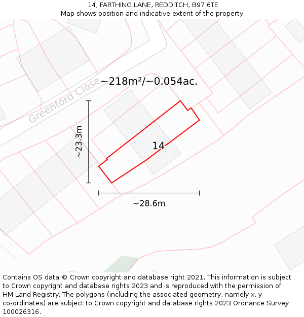 14, FARTHING LANE, REDDITCH, B97 6TE: Plot and title map