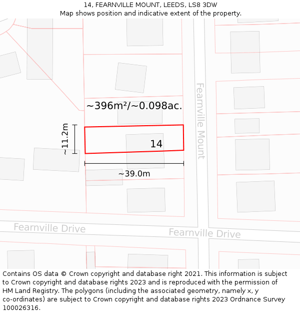 14, FEARNVILLE MOUNT, LEEDS, LS8 3DW: Plot and title map