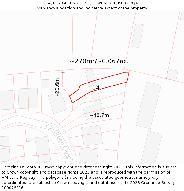 14, FEN GREEN CLOSE, LOWESTOFT, NR32 3QW: Plot and title map
