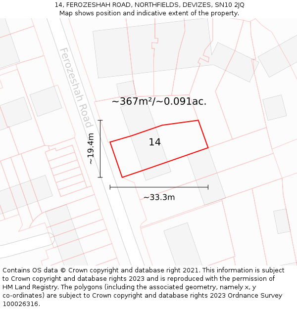 14, FEROZESHAH ROAD, NORTHFIELDS, DEVIZES, SN10 2JQ: Plot and title map