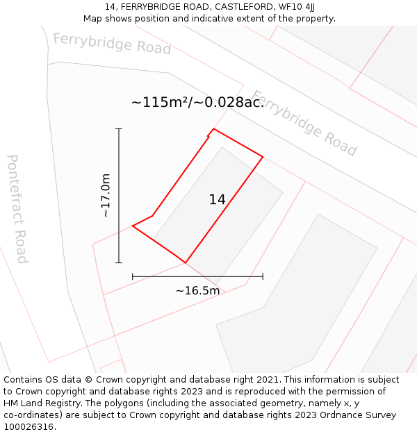 14, FERRYBRIDGE ROAD, CASTLEFORD, WF10 4JJ: Plot and title map