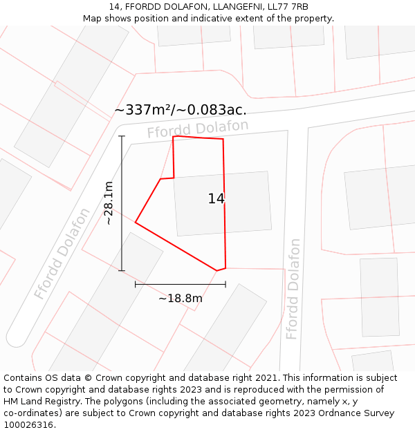 14, FFORDD DOLAFON, LLANGEFNI, LL77 7RB: Plot and title map