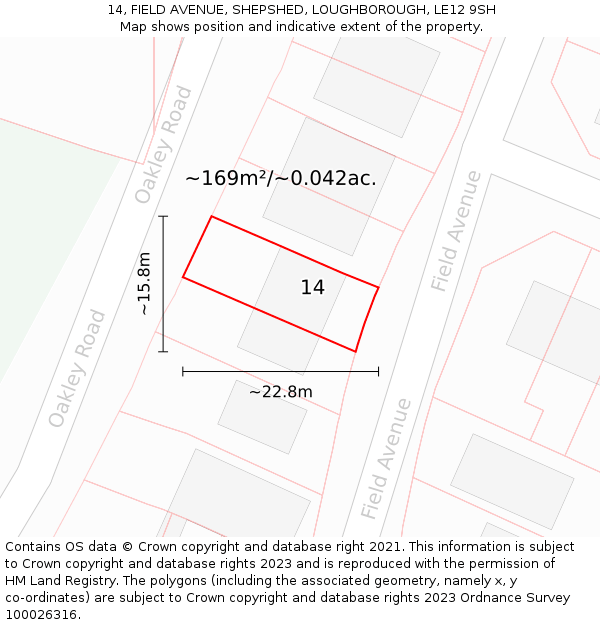 14, FIELD AVENUE, SHEPSHED, LOUGHBOROUGH, LE12 9SH: Plot and title map