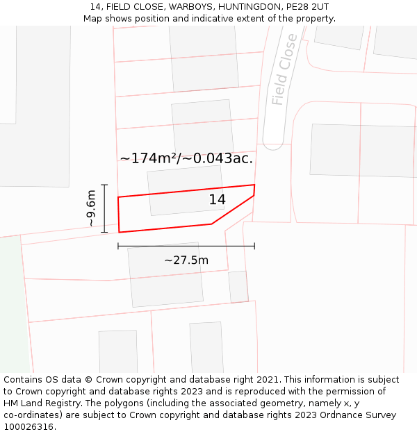 14, FIELD CLOSE, WARBOYS, HUNTINGDON, PE28 2UT: Plot and title map