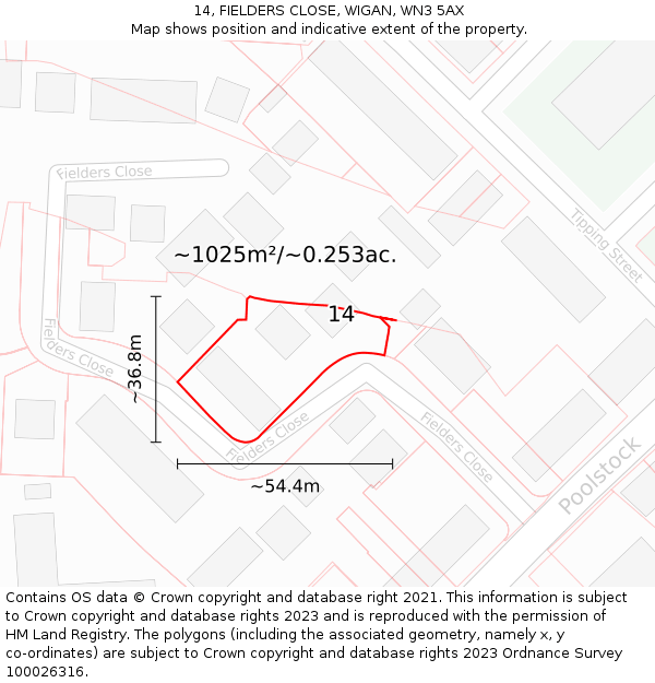 14, FIELDERS CLOSE, WIGAN, WN3 5AX: Plot and title map