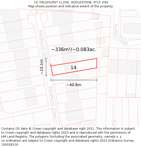 14, FIELDHURST CLOSE, ADDLESTONE, KT15 1NN: Plot and title map