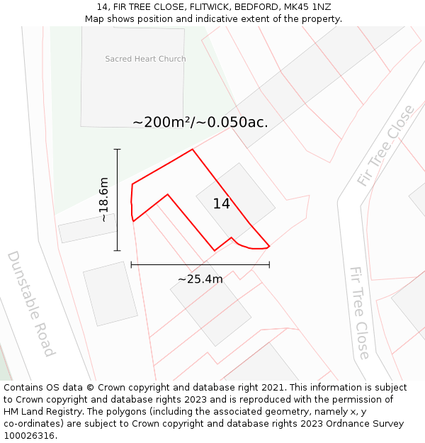 14, FIR TREE CLOSE, FLITWICK, BEDFORD, MK45 1NZ: Plot and title map