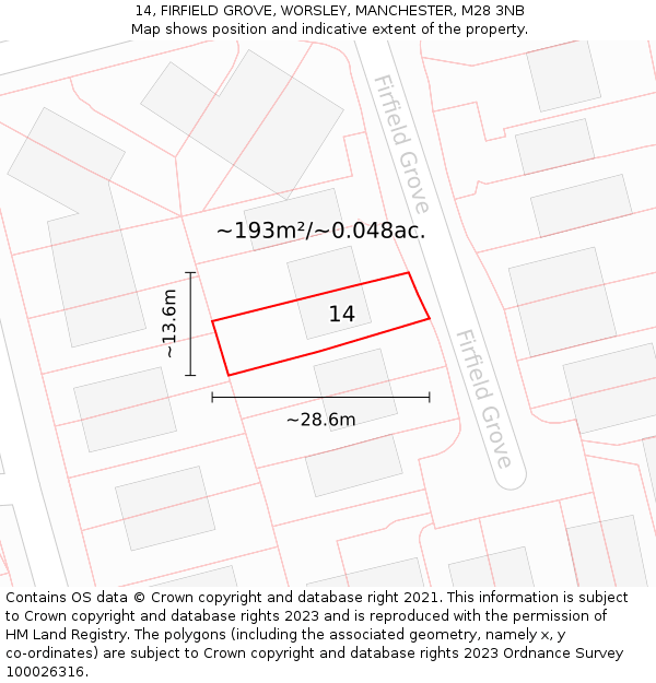 14, FIRFIELD GROVE, WORSLEY, MANCHESTER, M28 3NB: Plot and title map