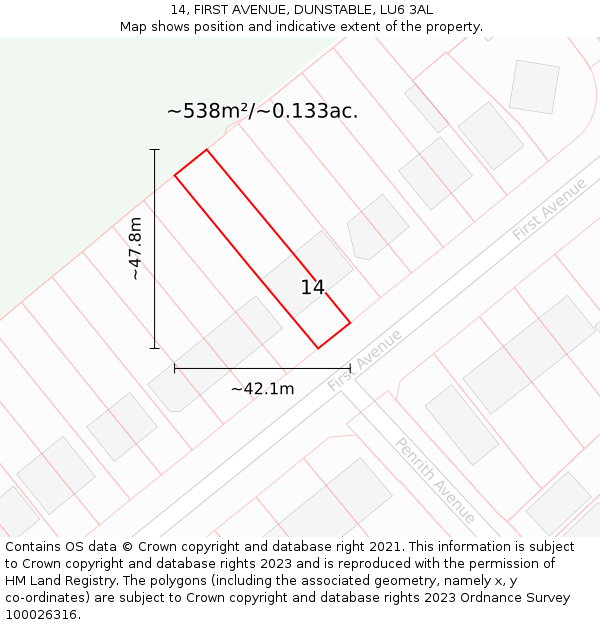14, FIRST AVENUE, DUNSTABLE, LU6 3AL: Plot and title map