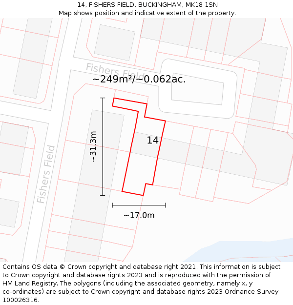 14, FISHERS FIELD, BUCKINGHAM, MK18 1SN: Plot and title map