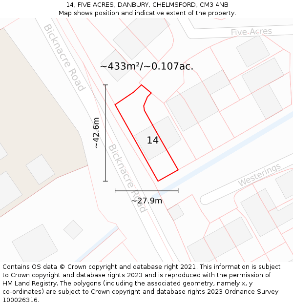 14, FIVE ACRES, DANBURY, CHELMSFORD, CM3 4NB: Plot and title map