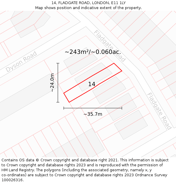 14, FLADGATE ROAD, LONDON, E11 1LY: Plot and title map
