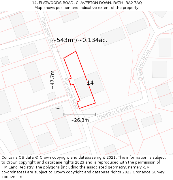 14, FLATWOODS ROAD, CLAVERTON DOWN, BATH, BA2 7AQ: Plot and title map