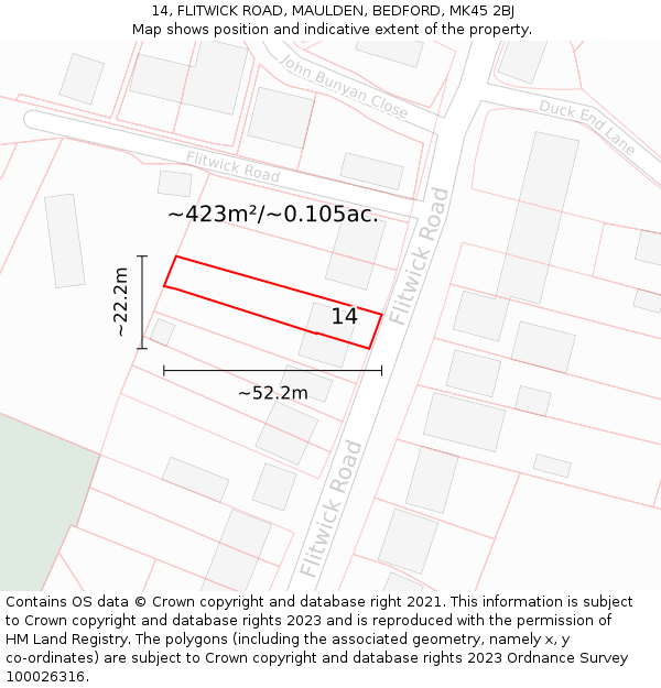 14, FLITWICK ROAD, MAULDEN, BEDFORD, MK45 2BJ: Plot and title map