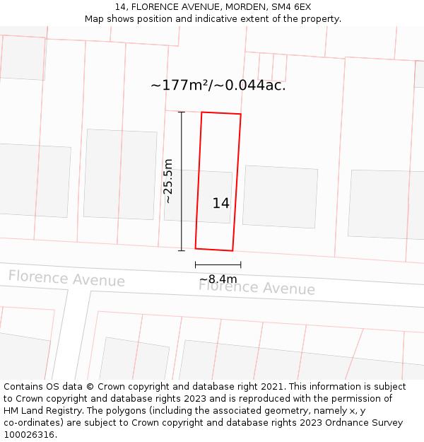 14, FLORENCE AVENUE, MORDEN, SM4 6EX: Plot and title map