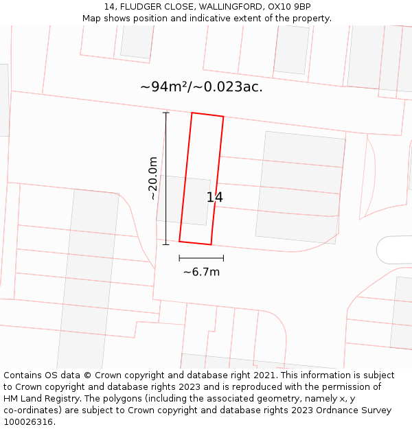 14, FLUDGER CLOSE, WALLINGFORD, OX10 9BP: Plot and title map