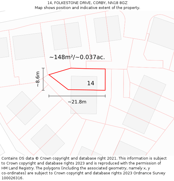 14, FOLKESTONE DRIVE, CORBY, NN18 8GZ: Plot and title map