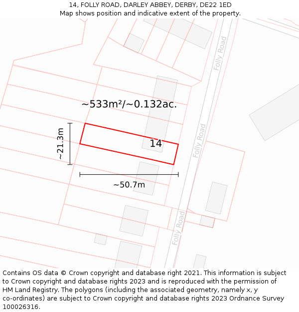 14, FOLLY ROAD, DARLEY ABBEY, DERBY, DE22 1ED: Plot and title map