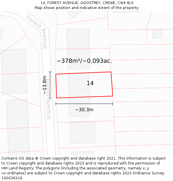 14, FOREST AVENUE, GOOSTREY, CREWE, CW4 8LX: Plot and title map
