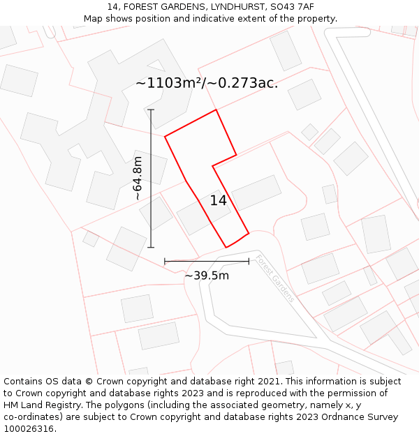 14, FOREST GARDENS, LYNDHURST, SO43 7AF: Plot and title map