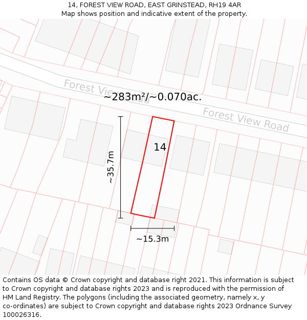 14, FOREST VIEW ROAD, EAST GRINSTEAD, RH19 4AR: Plot and title map