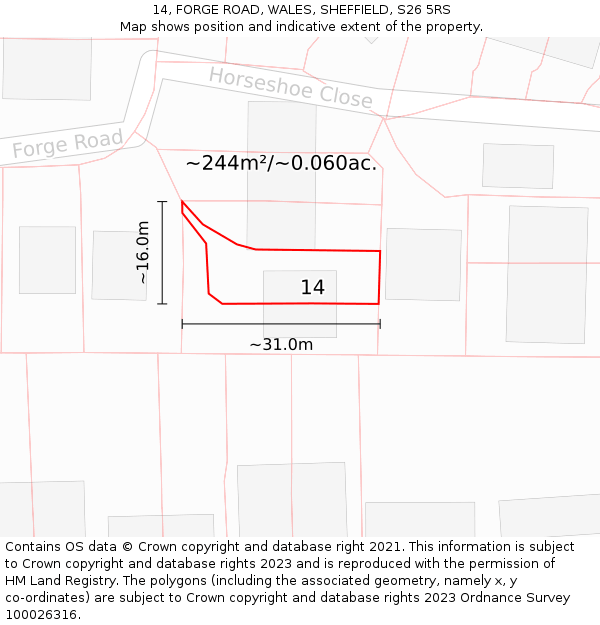 14, FORGE ROAD, WALES, SHEFFIELD, S26 5RS: Plot and title map