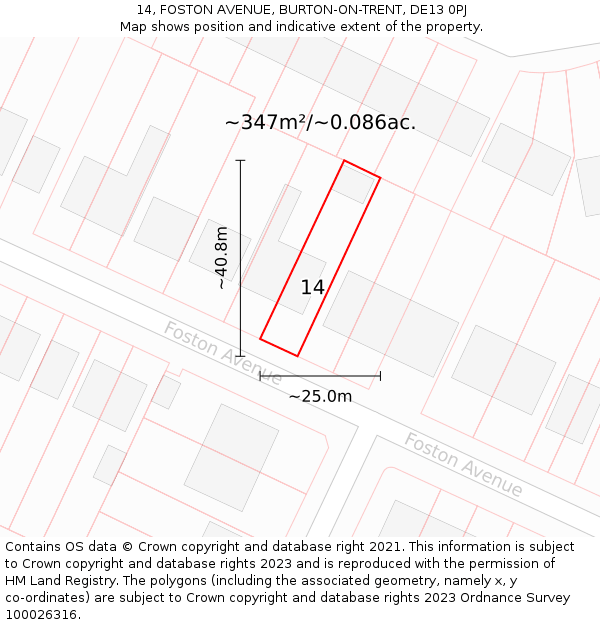 14, FOSTON AVENUE, BURTON-ON-TRENT, DE13 0PJ: Plot and title map