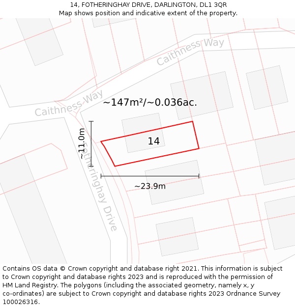 14, FOTHERINGHAY DRIVE, DARLINGTON, DL1 3QR: Plot and title map