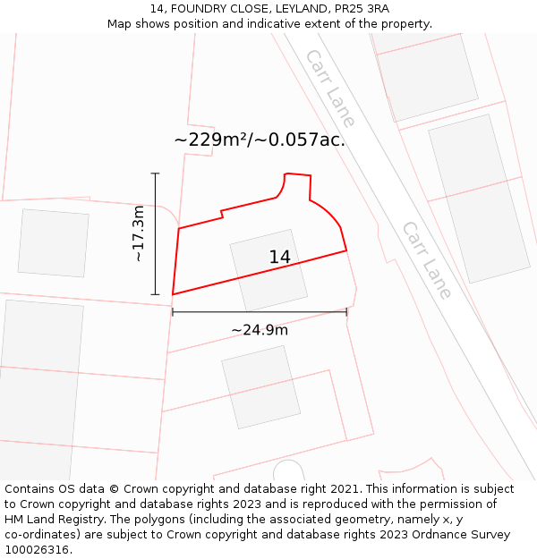 14, FOUNDRY CLOSE, LEYLAND, PR25 3RA: Plot and title map