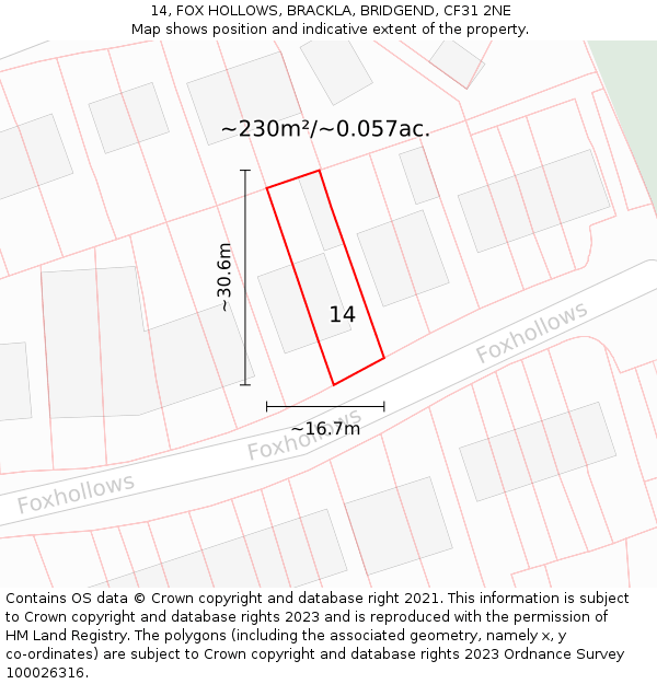 14, FOX HOLLOWS, BRACKLA, BRIDGEND, CF31 2NE: Plot and title map