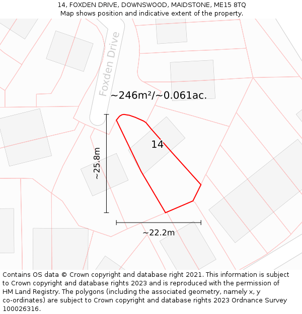 14, FOXDEN DRIVE, DOWNSWOOD, MAIDSTONE, ME15 8TQ: Plot and title map