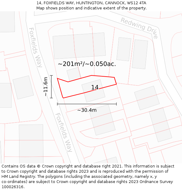14, FOXFIELDS WAY, HUNTINGTON, CANNOCK, WS12 4TA: Plot and title map